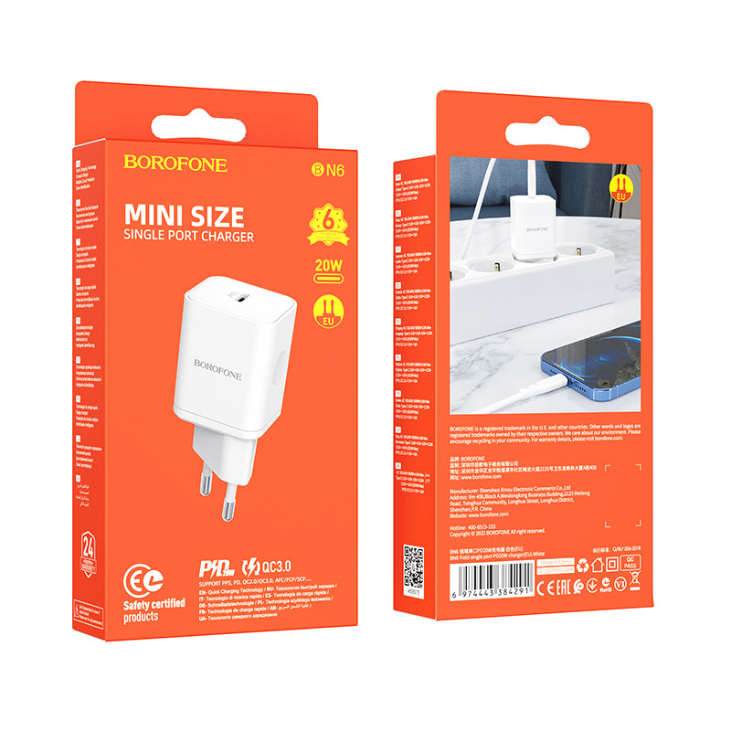 Cargador de Red Borofone BN6 Field, 20W, 3A, 1 x USB-C, Blanco