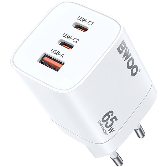 Cargador de Red BWOO CDA147, 65W, 4.5A, 1 x USB-A - 2 x USB-C, Blanco
