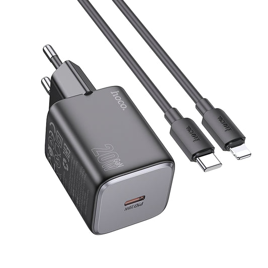 Cargador de red con cable Lightning HOCO N40, 20W, 3A, 1 x USB-C, Negro