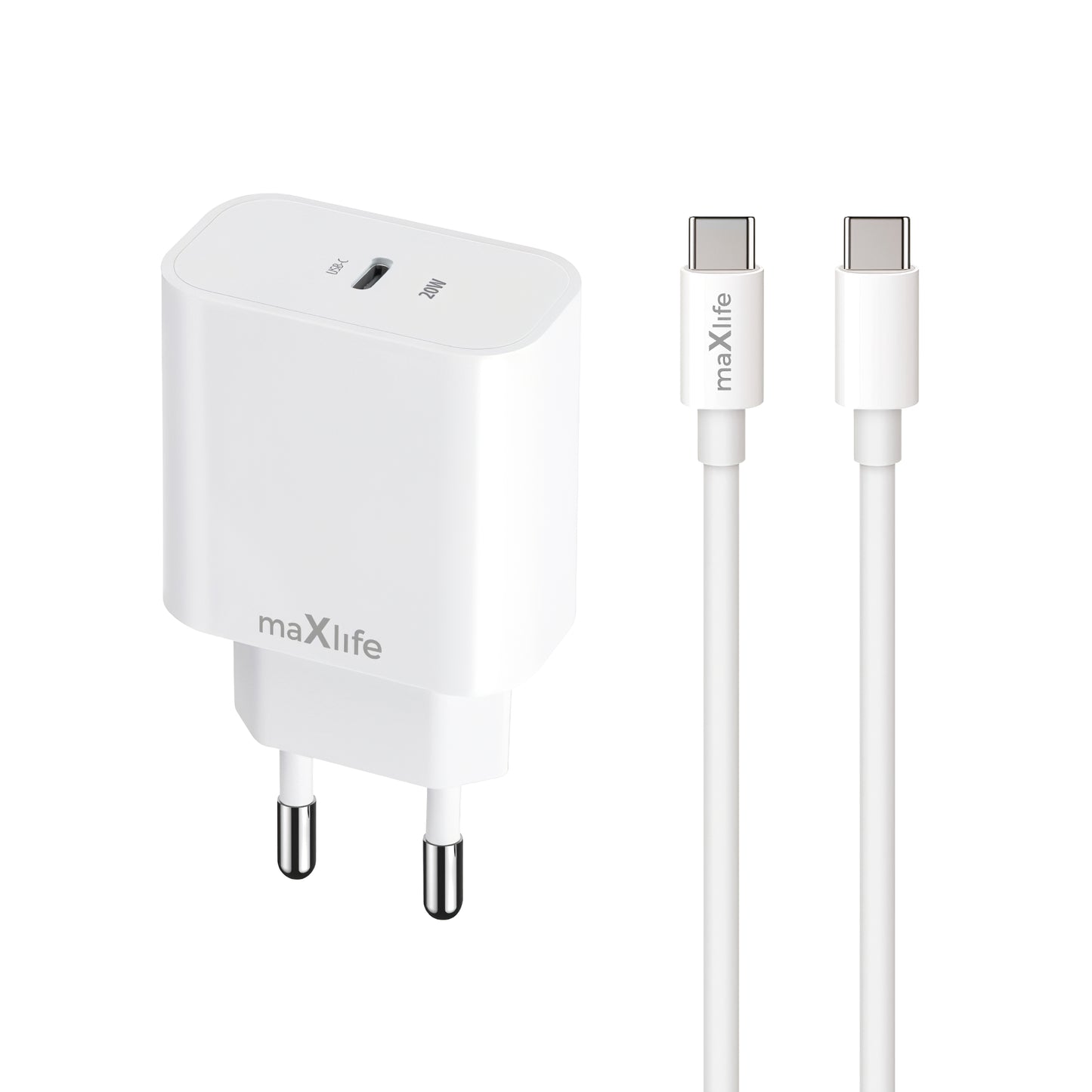 Cargador de Red con Cable USB-C MaXlife MXTC-06-20C, 20W, 3A, 1 x USB-C, Blanco