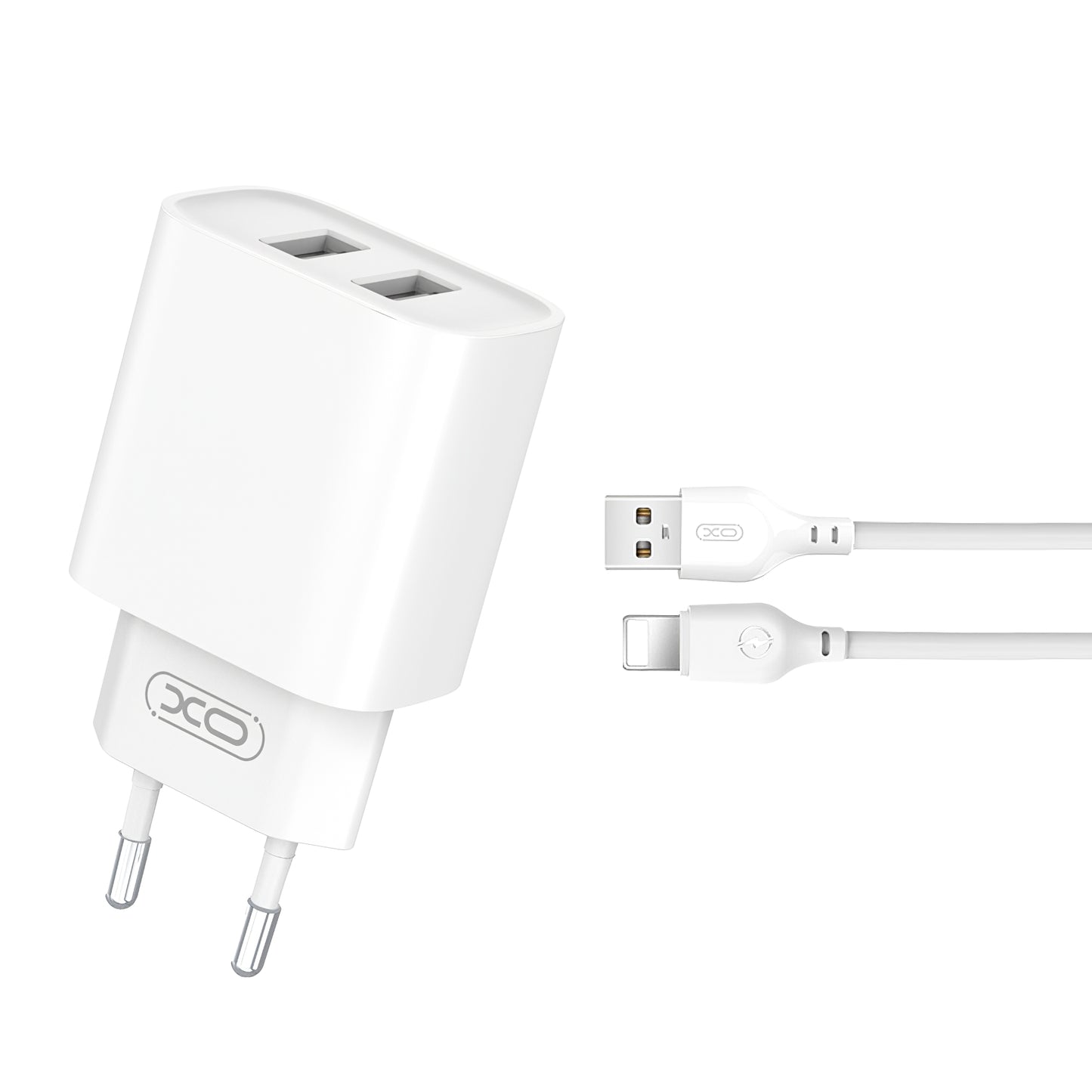 Cargador de red con cable Lightning XO Design CE02C, 10,5 W, 2,1 A, 2 x USB-A, blanco