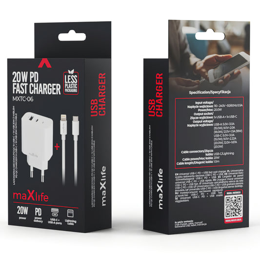 MaXlife MXTC-06-20AC Cargador de red MaXlife MXTC-06-20AC con cable Lightning, 20 W, 3 A, 1 x USB-A - 1 x USB-C, blanco