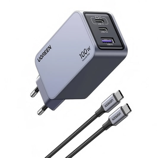 UGREEN X757 Nexode Pro USB-C Cable Cargador de red, 100W, 3A, 1 x USB-A - 2 x USB-C, Gris