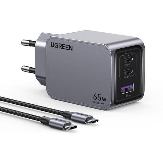 Cargador de Red con Cable USB-C UGREEN X755 Nexode Pro, 65W, 3A, 1 x USB-A - 2 x USB-C, Gris