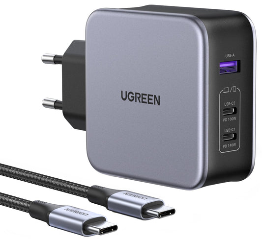 Cargador de Red con Cable USB-C UGREEN CD289, 140W, 5A, 1 x USB-A - 2 x USB-C, Gris