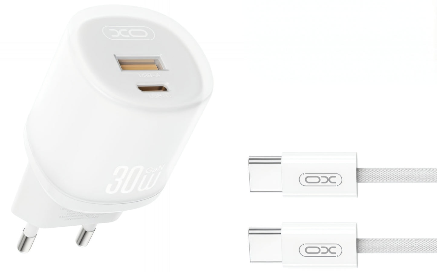 Cargador de Red con Cable USB-C XO Design L151, 30W, 3A, 1 x USB-A - 1 x USB-C, Blanco