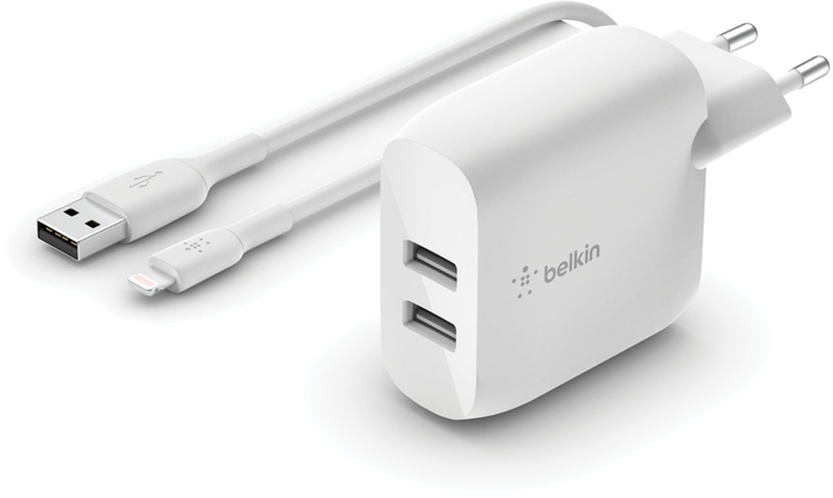 Cargador de Red con Cable USB-C Belkin BoostCharge Dual, 24W, 2.4A, 2 x USB-A, Blanco WCE001vf1MWH