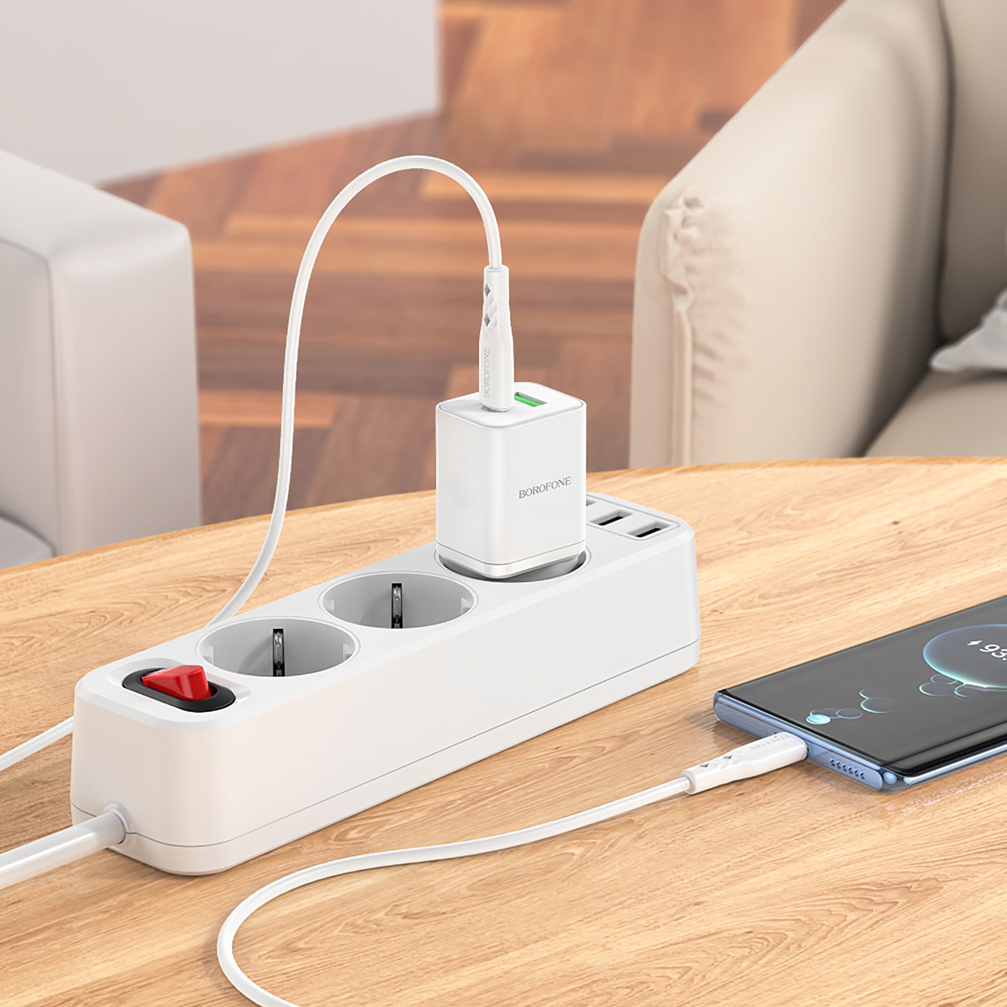 Cargador de red con cable USB-C Borofone BN7, 20W, 3A, 1 x USB-A - 1 x USB-C, Blanco