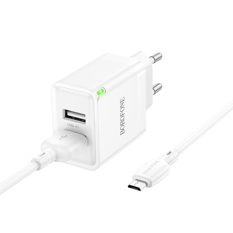 Cargador de red con cable microUSB Borofone BN15 Strong, 10,5 W, 2,1 A, 2 x USB-A, blanco