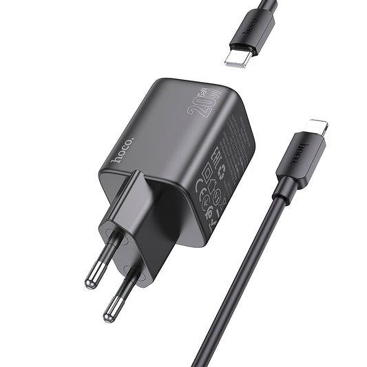 Cargador de red con cable Lightning HOCO N40, 20W, 3A, 1 x USB-C, Negro
