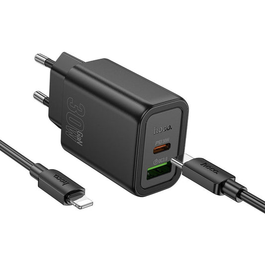Cargador de Red con Cable Lightning HOCO N63, 30W, 3A, 1 x USB-A - 1 x USB-C, Negro