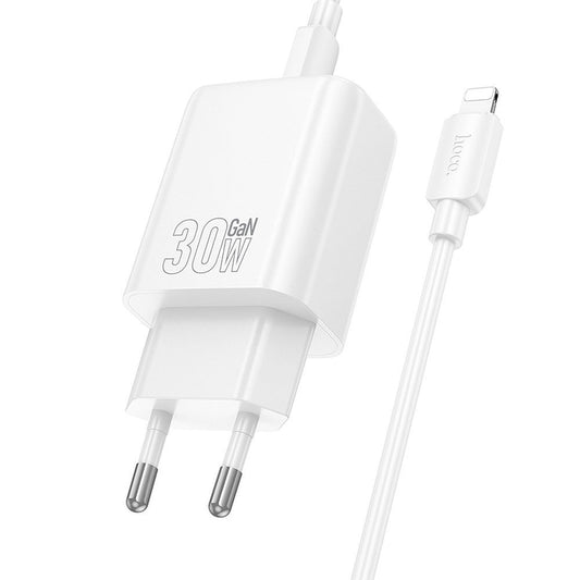 Cargador de Red con Cable Lightning HOCO N62, 30W, 3A, 1 x USB-C, Blanco