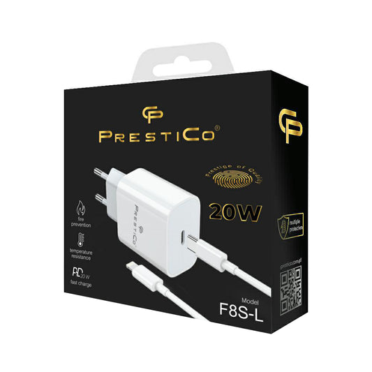 Cargador de Red con Cable Lightning Prestico F8S, 20W, 3A, 1 x USB-C, Blanco