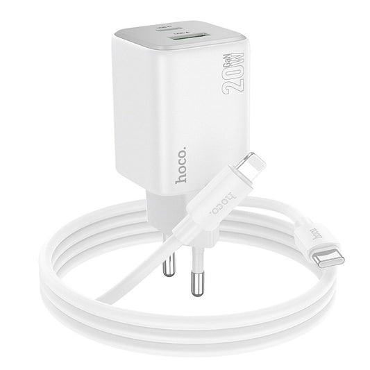 Cargador de Red con Cable Lightning HOCO N41, 20W, 3A, 1 x USB-A - 1 x USB-C, Blanco