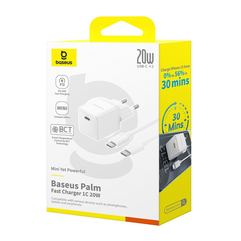 Cargador de Red con Cable USB-C Baseus Palm, 20W, 3A, 1 x USB-C, Blanco P10111602213-01