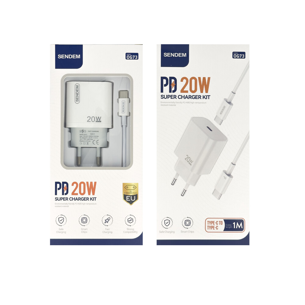 Cargador de Red con Cable USB-C Sendem OG73, 20W, 3A, 1 x USB-C, Blanco