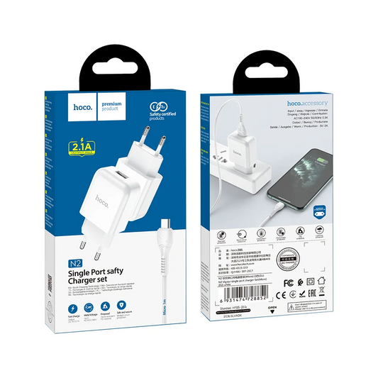 Cargador de Red con Cable microUSB HOCO N3, 18W, 3A, 1 x USB-A, Blanco