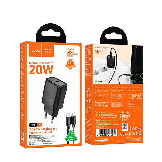 Cargador de Red con Cable Lightning HOCO N60, 20W, 3A, 1 x USB-C, Negro