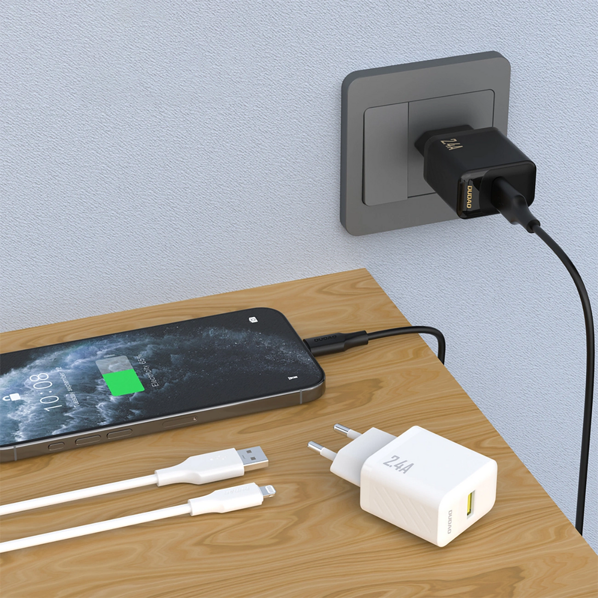 Cargador de Red con Cable Lightning Dudao A23LEU, 30W, 2.4A, 1 x USB-A, Blanco