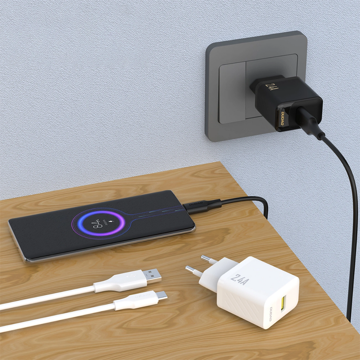 Cargador de Red con Cable USB-C Dudao A23TEU, 12W, 2.4A, 1 x USB-A, Blanco
