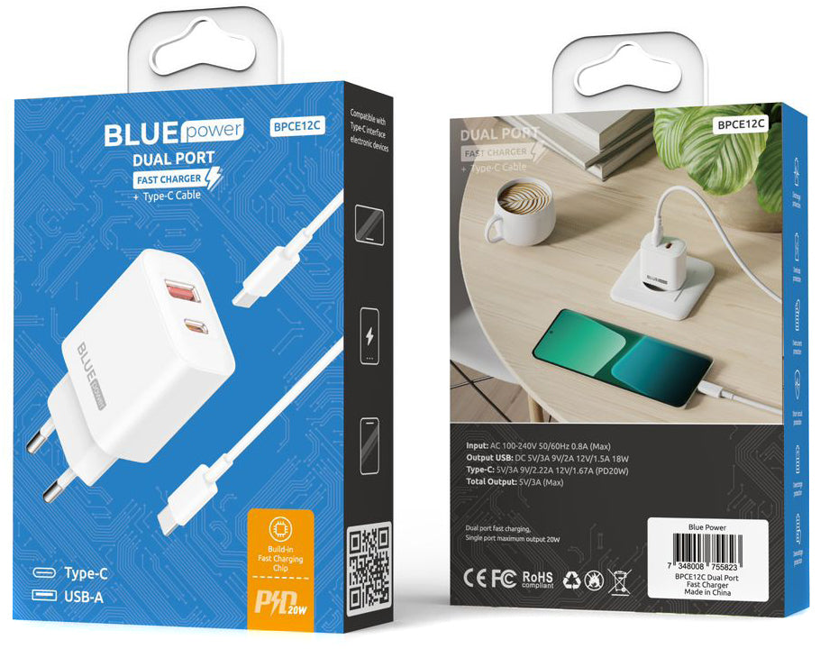 Blue Power BPCE12C Cargador de red con cable USB-C BPCE12C, 20 W, 3 A, 1 x USB-A - 1 x USB-C, Blanco