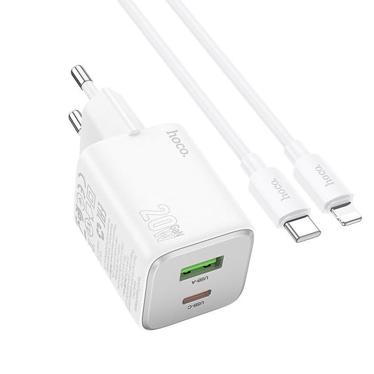 Cargador de Red con Cable Lightning HOCO N41, 20W, 3A, 1 x USB-A - 1 x USB-C, Blanco