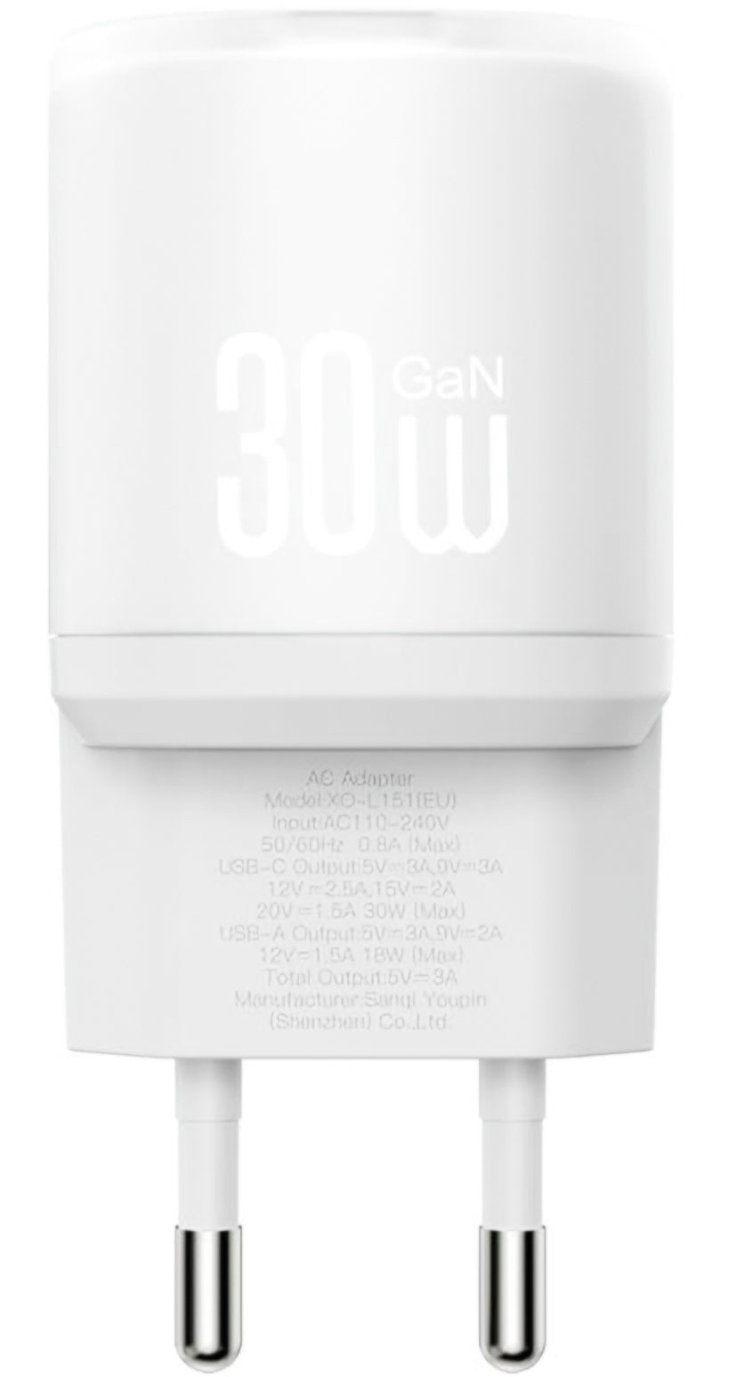 Cargador de Red con Cable USB-C XO Design L151, 30W, 3A, 1 x USB-A - 1 x USB-C, Blanco