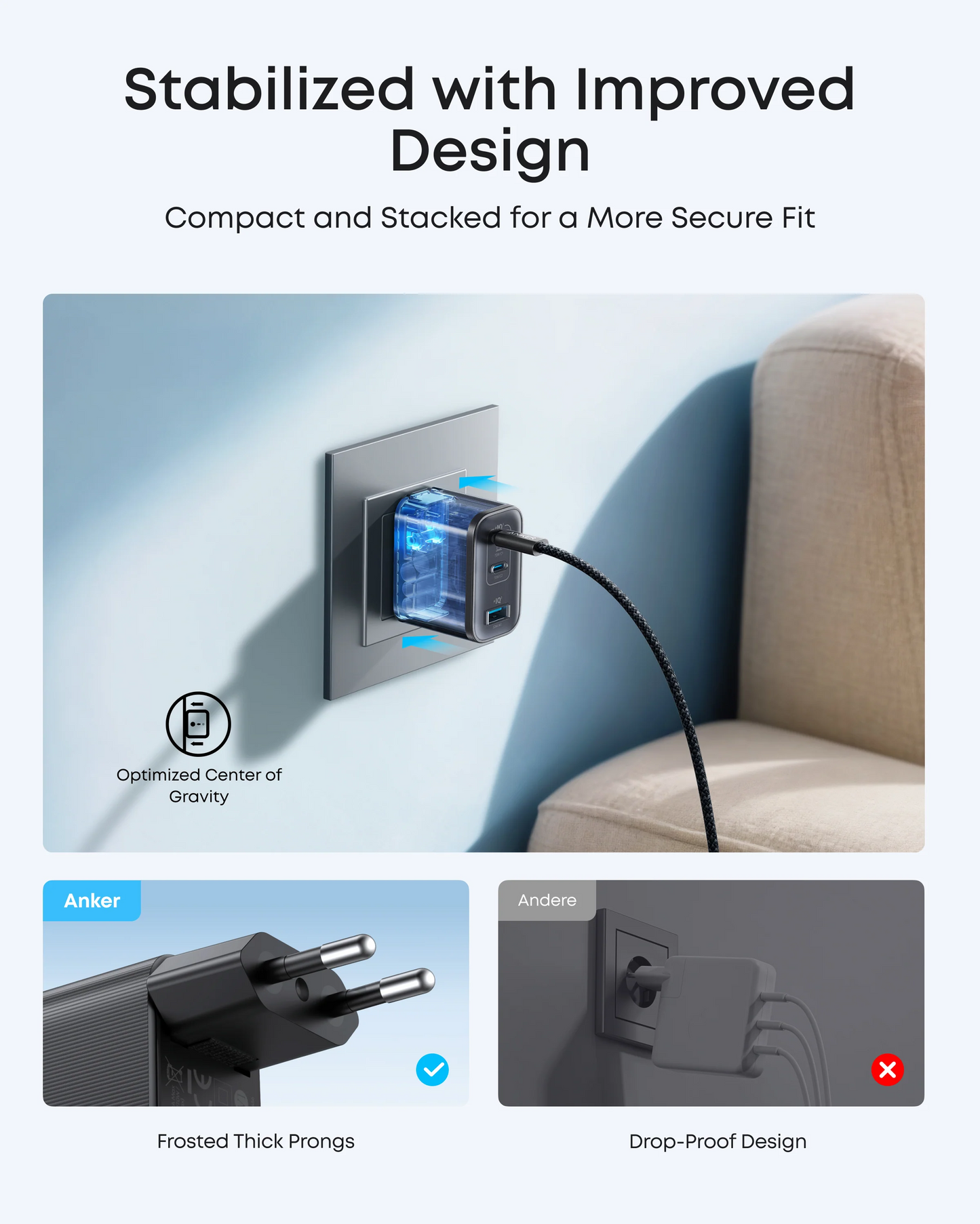 Cargador de Red con Cable USB-C Anker Nano, 70W, 3.5A, 1 x USB-A - 2 x USB-C, Gris B121A311