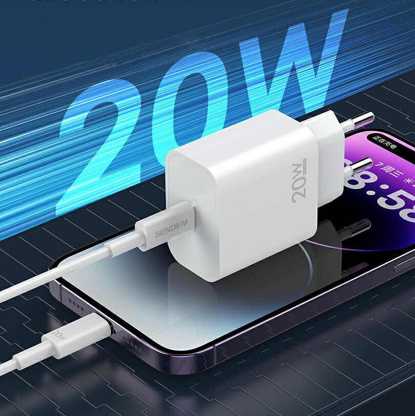 Cargador de Red con Cable USB-C Sendem OG73, 20W, 3A, 1 x USB-C, Blanco