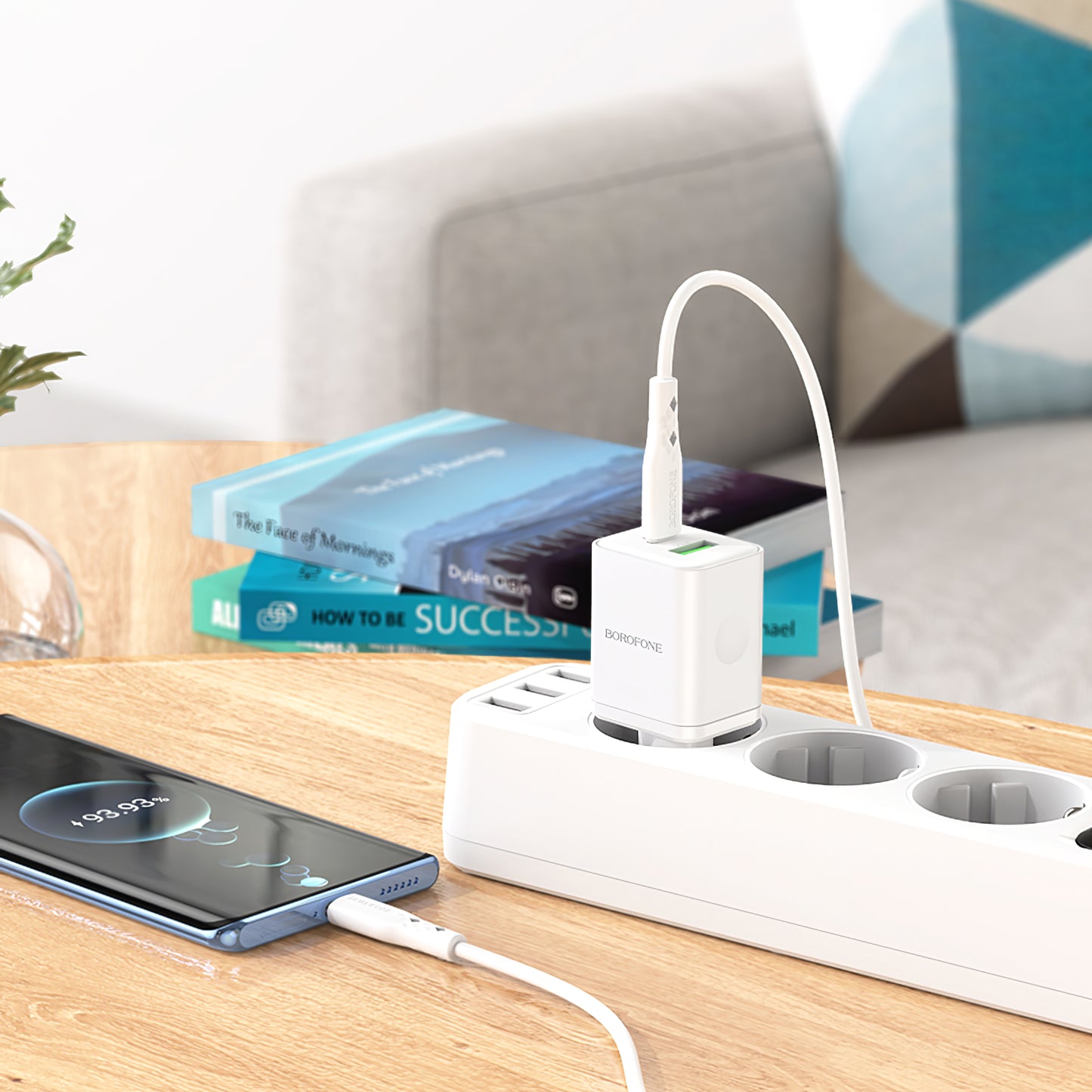 Cargador de red con cable USB-C Borofone BN7, 20W, 3A, 1 x USB-A - 1 x USB-C, Blanco