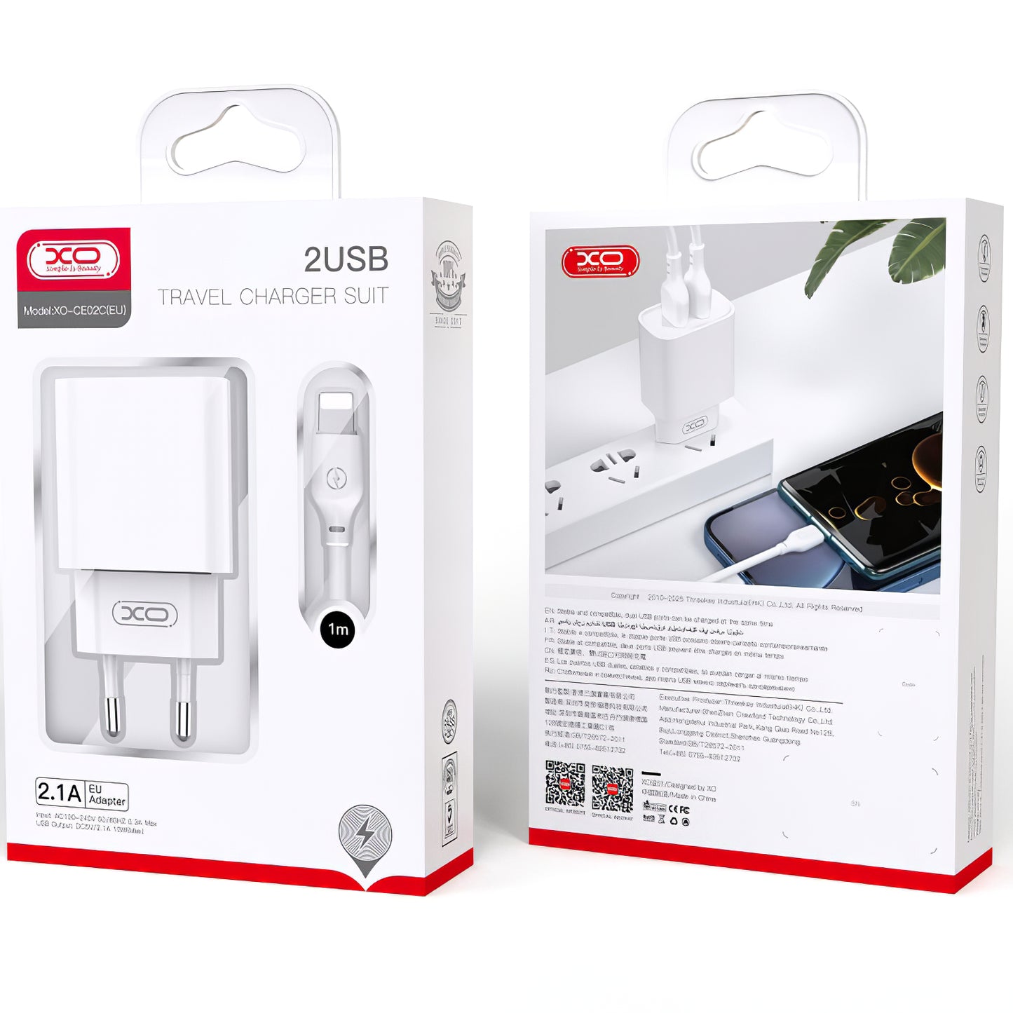 Cargador de red con cable microUSB XO Design CE02C, 10,5 W, 2,1 A, 2 x USB-A, blanco