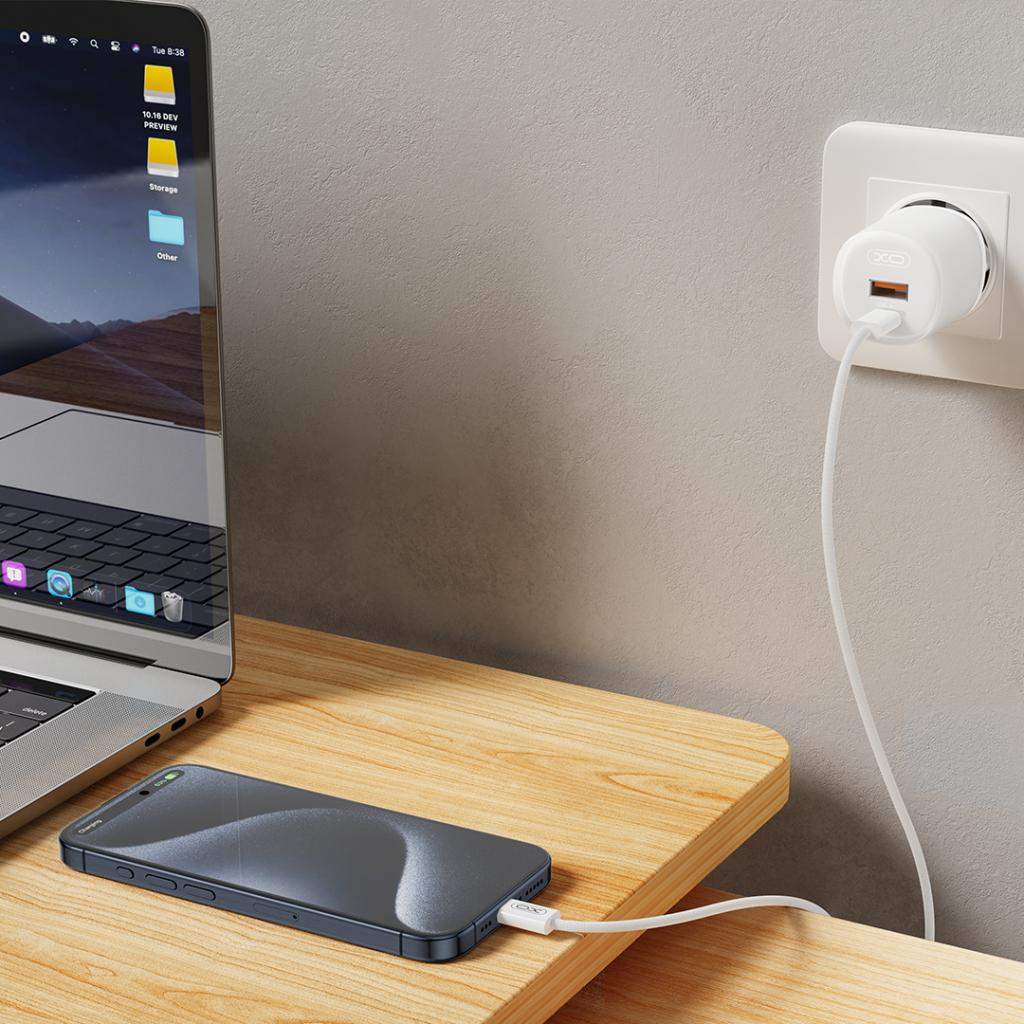 Cargador de Red con Cable USB-C XO Design L151, 30W, 3A, 1 x USB-A - 1 x USB-C, Blanco