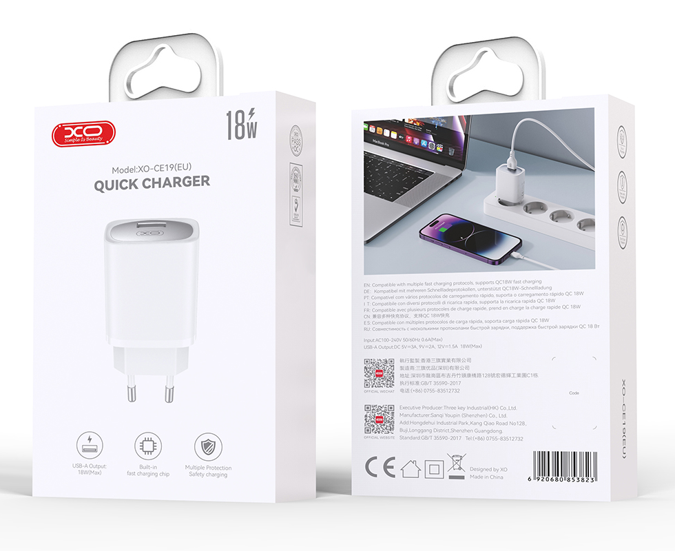 Cargador de Red con Cable USB-C XO Design CE19, 18W, 3A, 1 x USB-A, Blanco