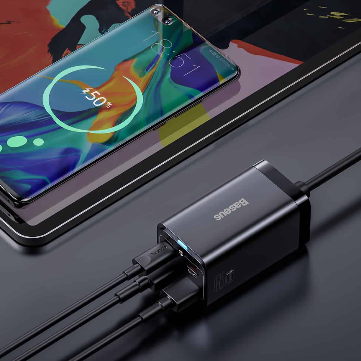 Cargador Estación Baseus GaN3 Pro, 65W, 3A, 2 x USB-A - 2 x USB-C, Negro CCGP040101