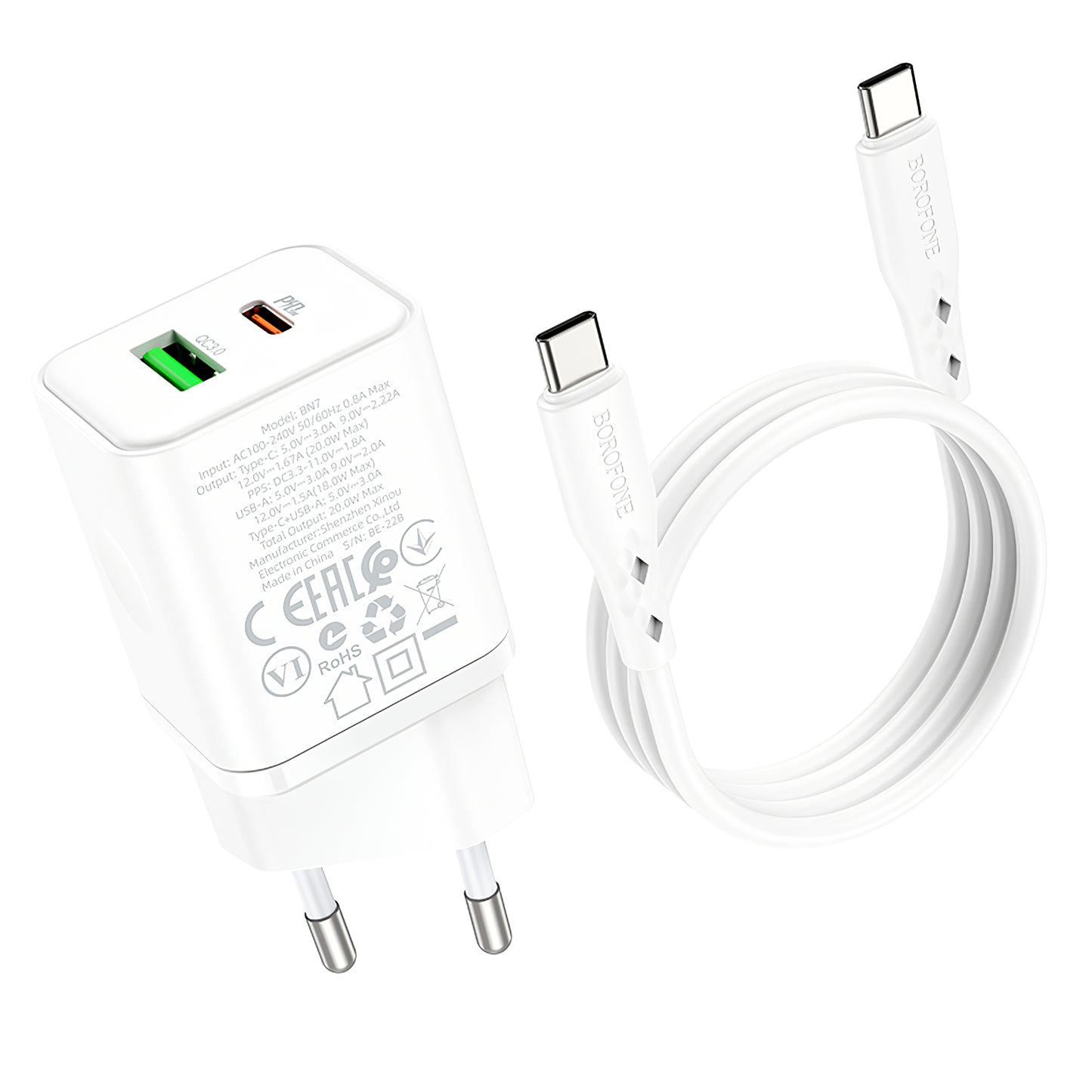 Cargador de red con cable USB-C Borofone BN7, 20W, 3A, 1 x USB-A - 1 x USB-C, Blanco