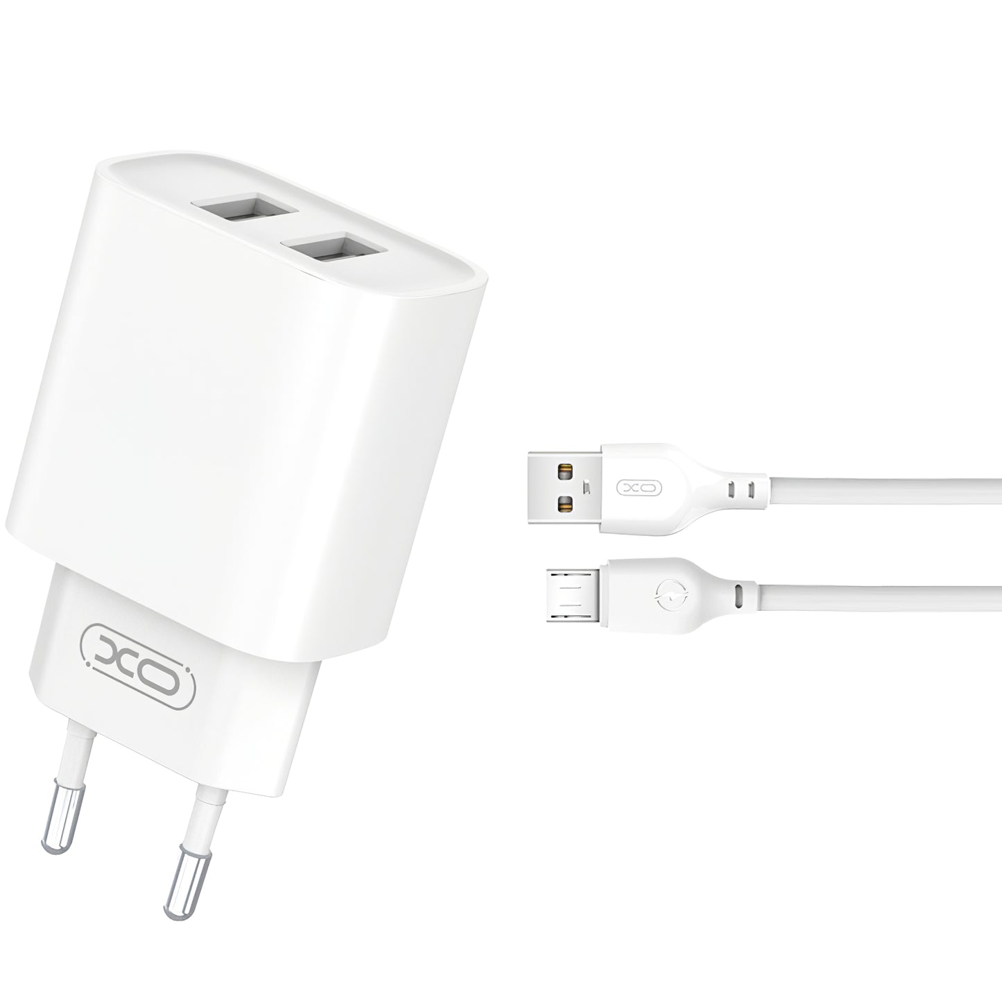 Cargador de red con cable microUSB XO Design CE02C, 10,5 W, 2,1 A, 2 x USB-A, blanco