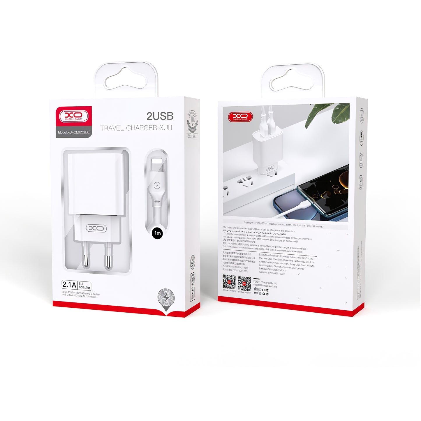 Cargador de red con cable Lightning XO Design CE02C, 10,5 W, 2,1 A, 2 x USB-A, blanco