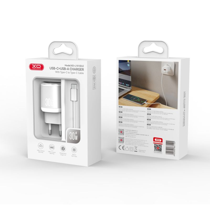 Cargador de Red con Cable USB-C XO Design L151, 30W, 3A, 1 x USB-A - 1 x USB-C, Blanco