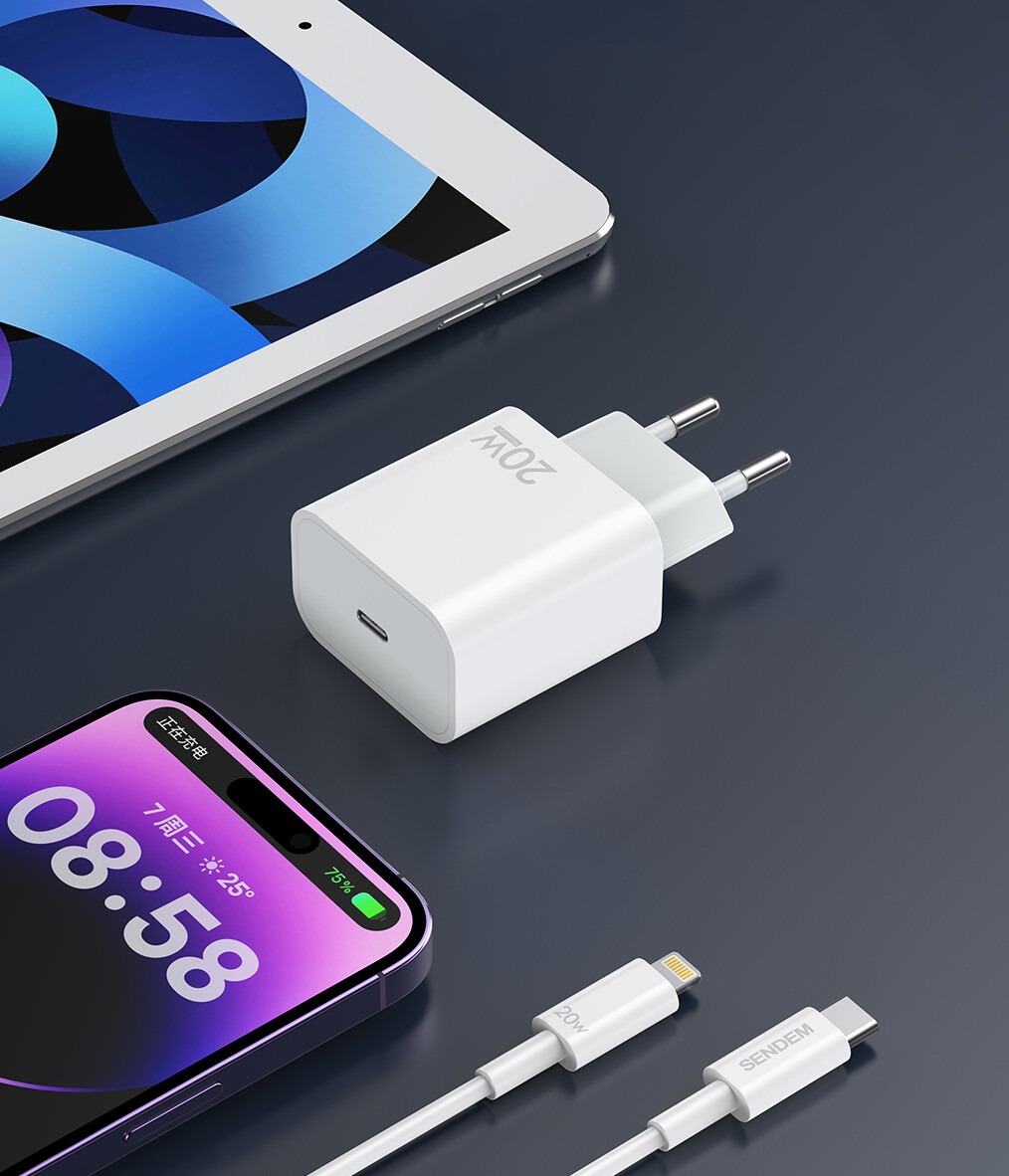 Cargador de Red con Cable USB-C Sendem OG73, 20W, 3A, 1 x USB-C, Blanco