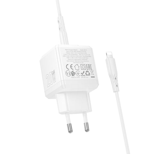 Cargador de Red con Cable Lightning Borofone BN19 Intenso, 20W, 3A, 1 x USB-A - 1 x USB-C, Blanco
