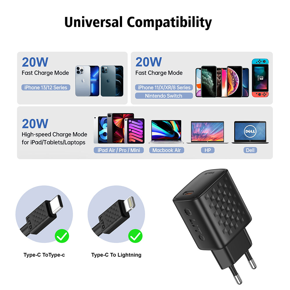 Cargador de Red con Cable Lightning Lito LC13L, 20W, 3A, 1 x USB-C, Negro