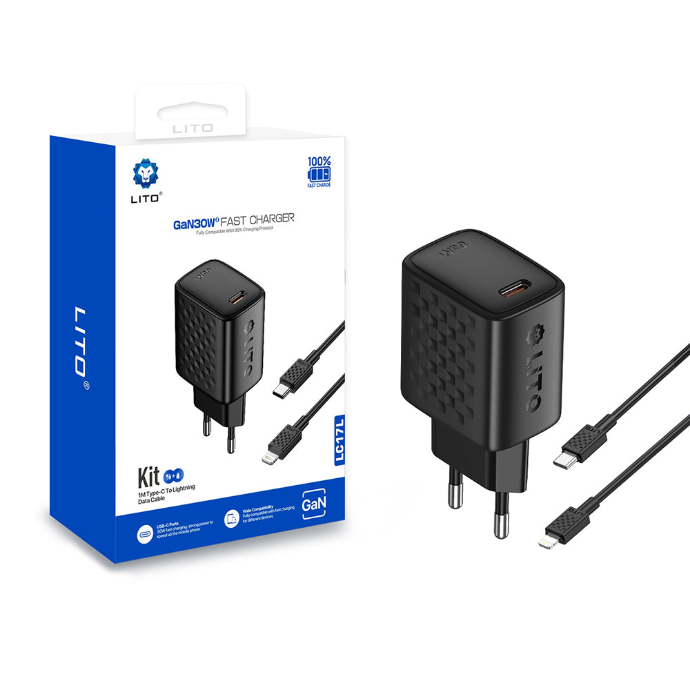 Cargador de Red con Cable Lightning Lito LC17L, 30W, 3A, 1 x USB-C, Negro