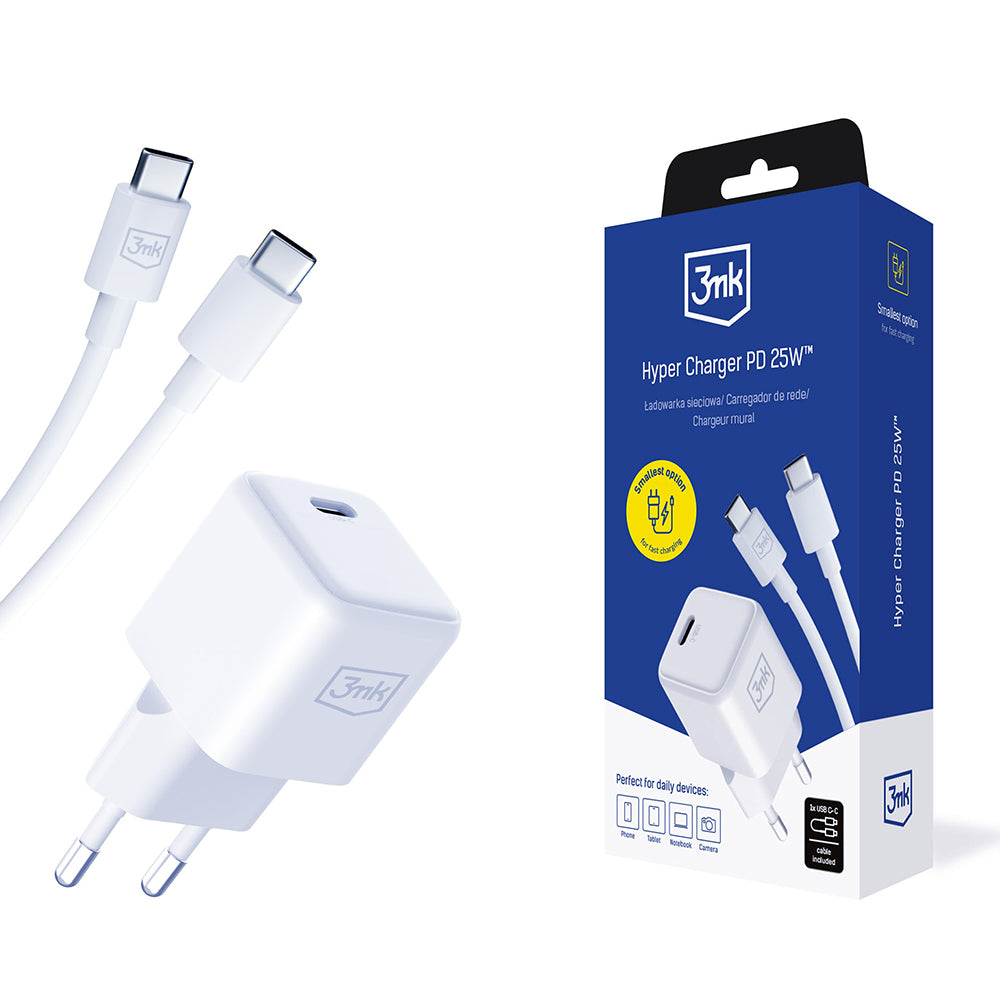 Cargador de Red con Cable USB-C 3MK Hyper, 25W, 3A, 1 x USB-C, Blanco