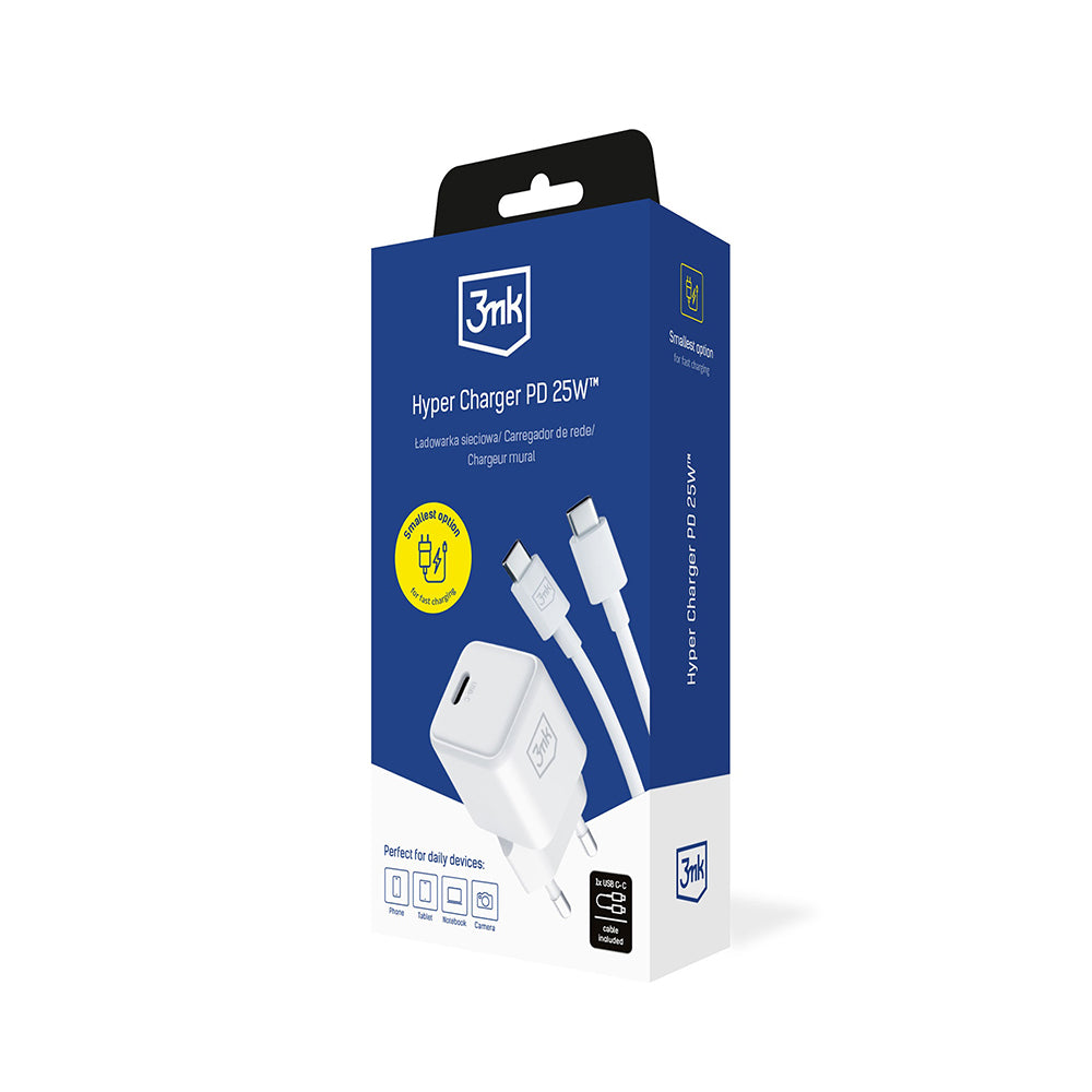 Cargador de Red con Cable USB-C 3MK Hyper, 25W, 3A, 1 x USB-C, Blanco