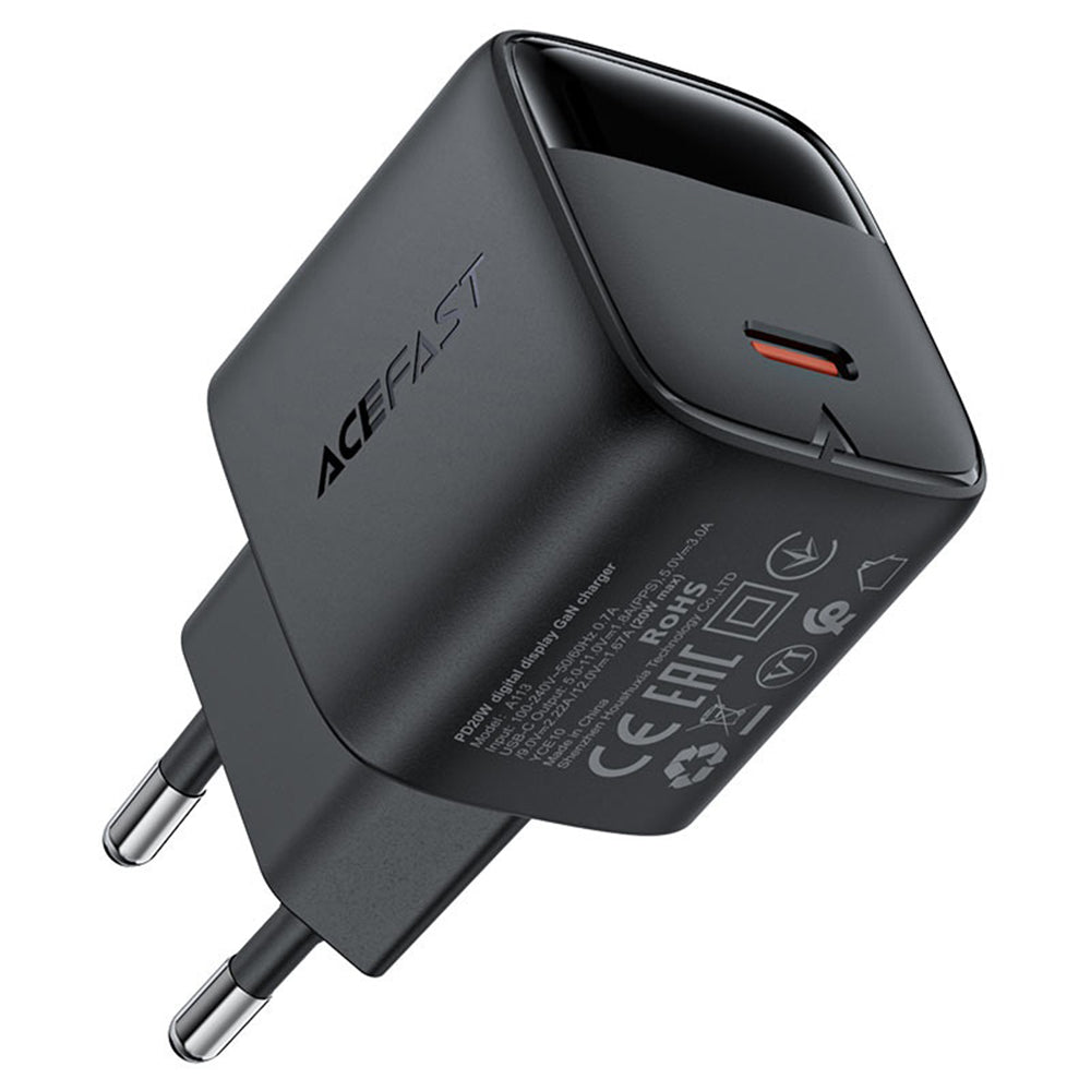 Cargador de Red con Cable USB-C Acefast A113 Display, 20W, 3A, 1 x USB-C, Negro