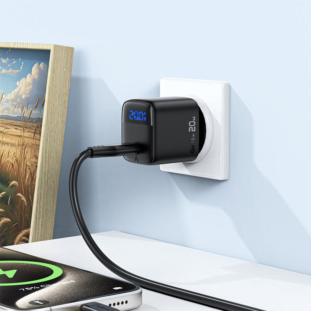 Cargador de Red con Cable USB-C Acefast A113 Display, 20W, 3A, 1 x USB-C, Negro