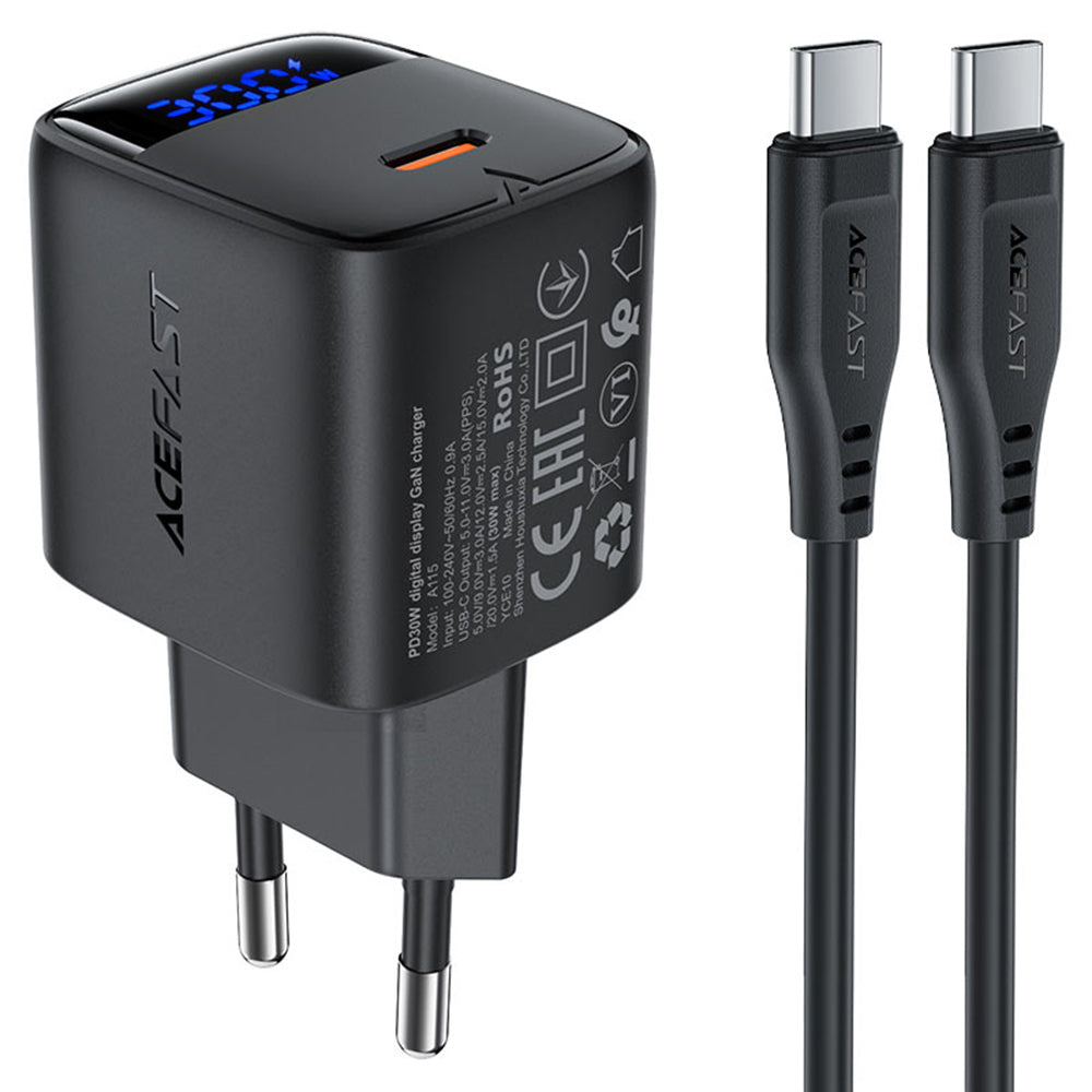 Cargador de Red con Cable USB-C Acefast A115 Display, 30W, 3A, 1 x USB-C, Negro