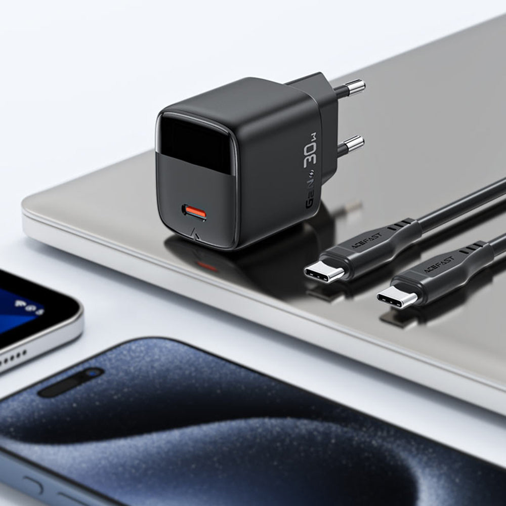 Cargador de Red con Cable USB-C Acefast A115 Display, 30W, 3A, 1 x USB-C, Negro
