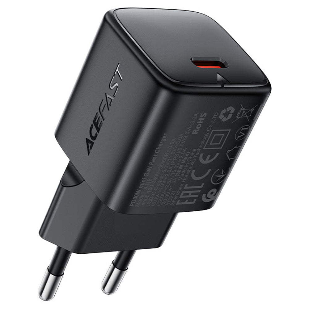 Cargador de Red con Cable USB-C Acefast A118, 30W, 3A, 1 x USB-C, Negro