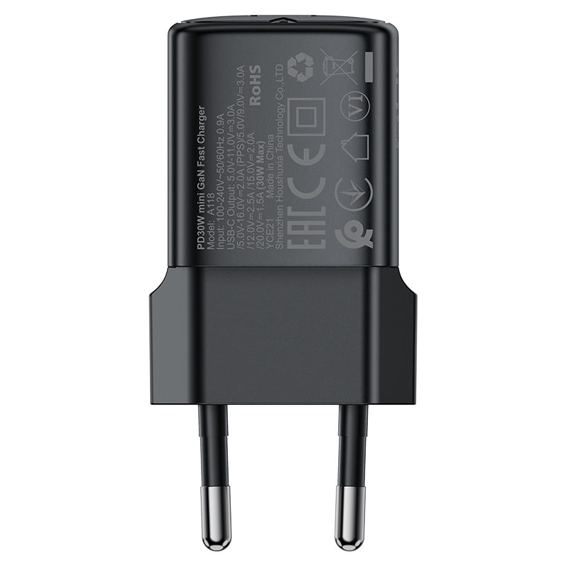 Cargador de Red con Cable USB-C Acefast A118, 30W, 3A, 1 x USB-C, Negro